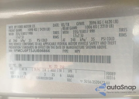 2018 Ford Escape S from USA, damaged, VIN 1FMCU0F73JUB96866